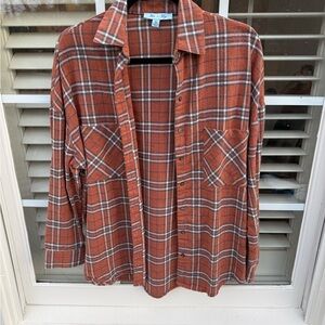 She + Sky Plaid Button-Up Shirt in Rust and White